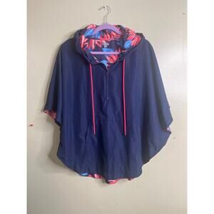 Aerie navy blue hooded windbreaker poncho blue pink floral interior, size: L/ XL